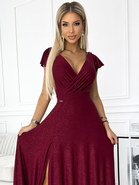 numoco Svjetlucava duga haljina s dekolteom - Boja vina Numoco CRYSTAL