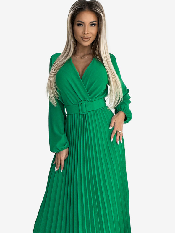 numoco Plisirana midi haljina s dekolteom, dugim rukavima i širokim remenom - svijetlo zelena Numoco VIVIANA