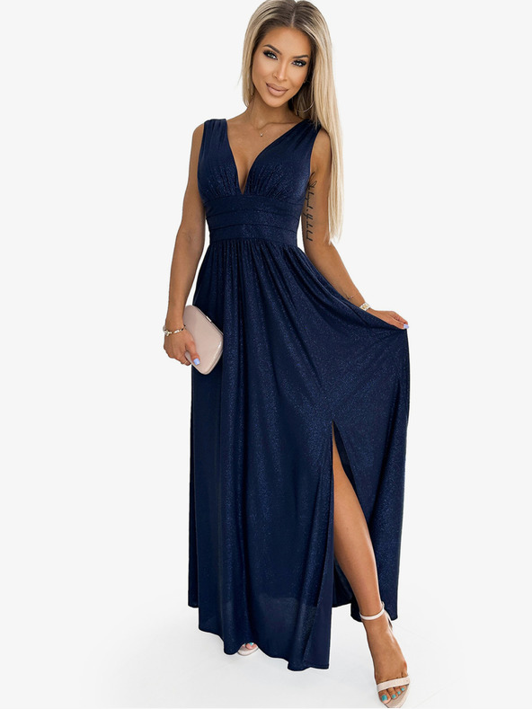 numoco Duga brokatna haljina s dekolteom i šavovima u struku - tamnoplava Numoco SUSAN