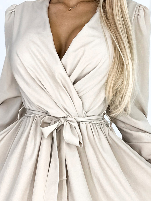 numoco Ženska haljina s dekolteom i remenom - bež Numoco BINDY