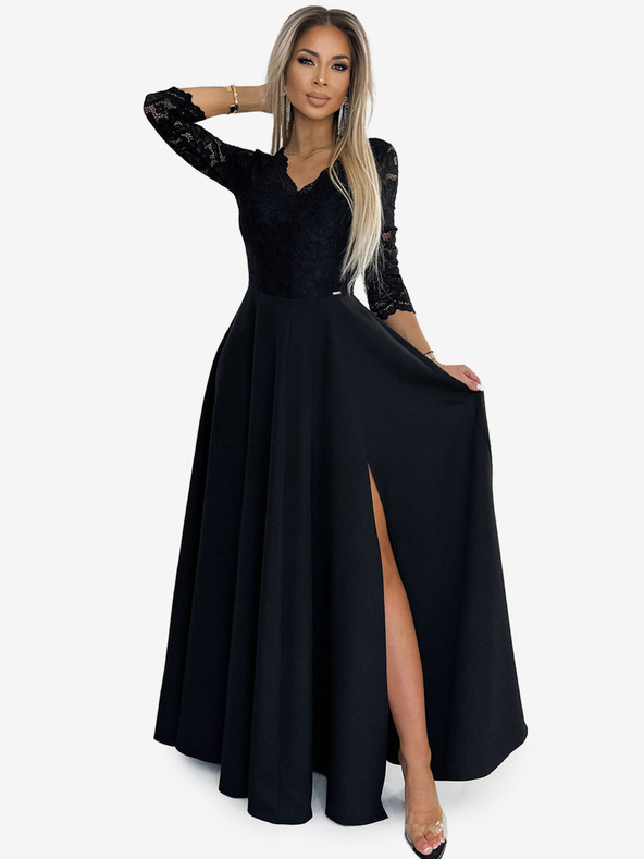 numoco Čipkana, elegantna duga haljina s dekolteom i prorezom na nogama - crni Numoco AMBER