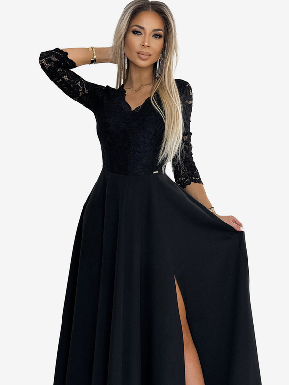 numoco Čipkana, elegantna duga haljina s dekolteom i prorezom na nogama - crni Numoco AMBER