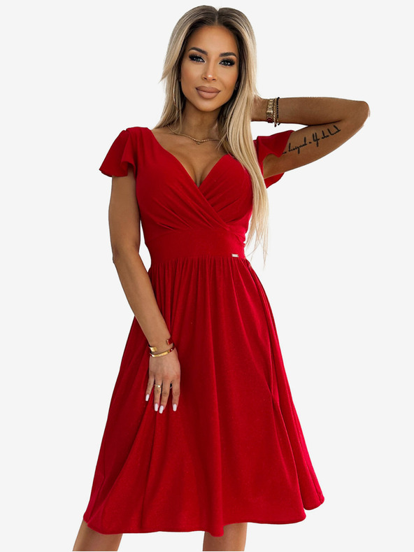 numoco Haljina s dekolteom i kratkim rukavima - crvena sa svjetlucavim Numoco MATILDE