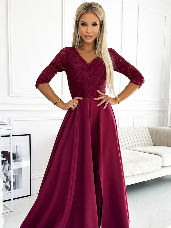 numoco Elegantna duga maxi haljina s čipkastim izrezom - bordo Numoco AMBER