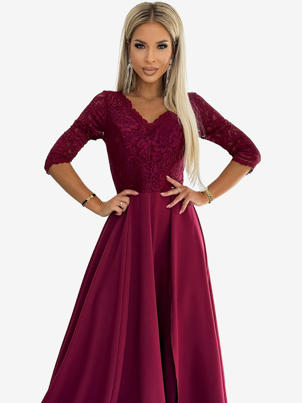 numoco Elegantna duga maxi haljina s čipkastim izrezom - bordo Numoco AMBER