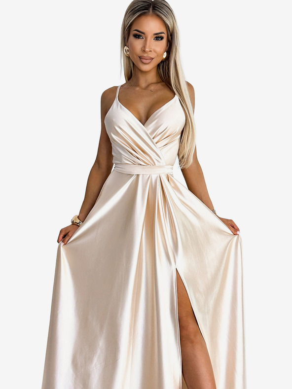numoco Elegantna duga satenska haljina s izrezom i prorezom na nogama - bež Numoco JULIET