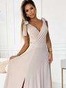 numoco Duga haljina s dekolteom i kravatom na ramenu - bež sa svjetlucavim Numoco ELENA