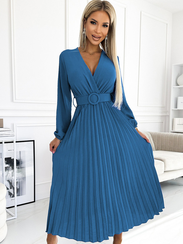 numoco Plisirana midi haljina s dekolteom, dugim rukavima i širokim remenom Numoco VIVIANA