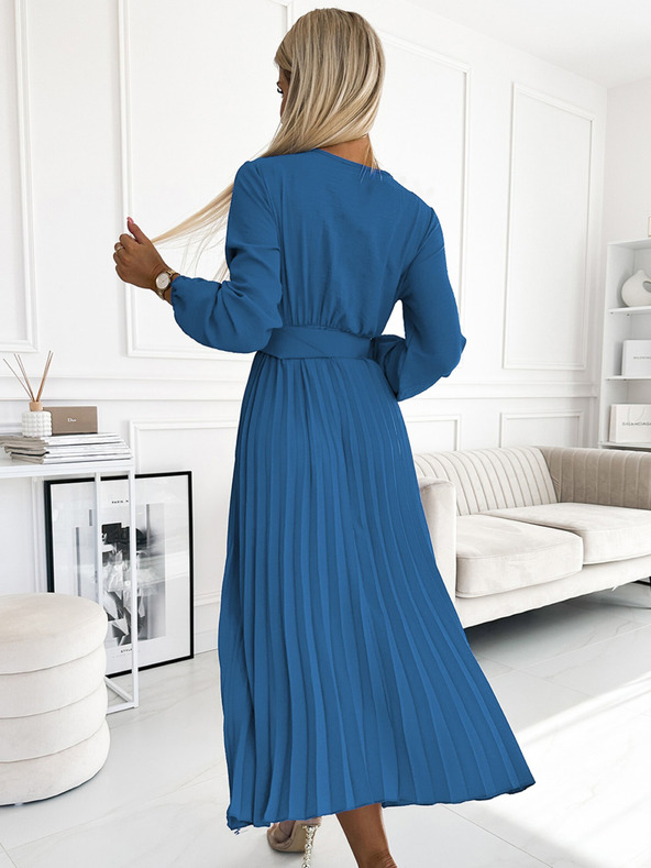 numoco Plisirana midi haljina s dekolteom, dugim rukavima i širokim remenom Numoco VIVIANA