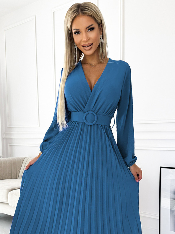 numoco Plisirana midi haljina s dekolteom, dugim rukavima i širokim remenom Numoco VIVIANA