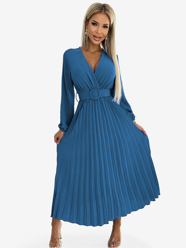 numoco Plisirana midi haljina s dekolteom, dugim rukavima i širokim remenom Numoco VIVIANA