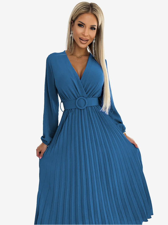 numoco Plisirana midi haljina s dekolteom, dugim rukavima i širokim remenom Numoco VIVIANA