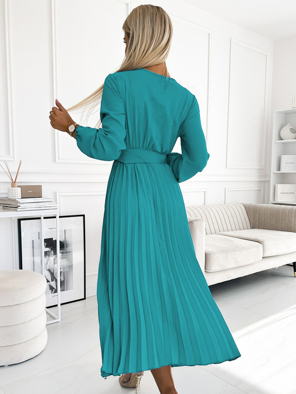 numoco Plisirana midi haljina s dekolteom, dugim rukavima i širokim remenom - boja mora Numoco VIVIANA