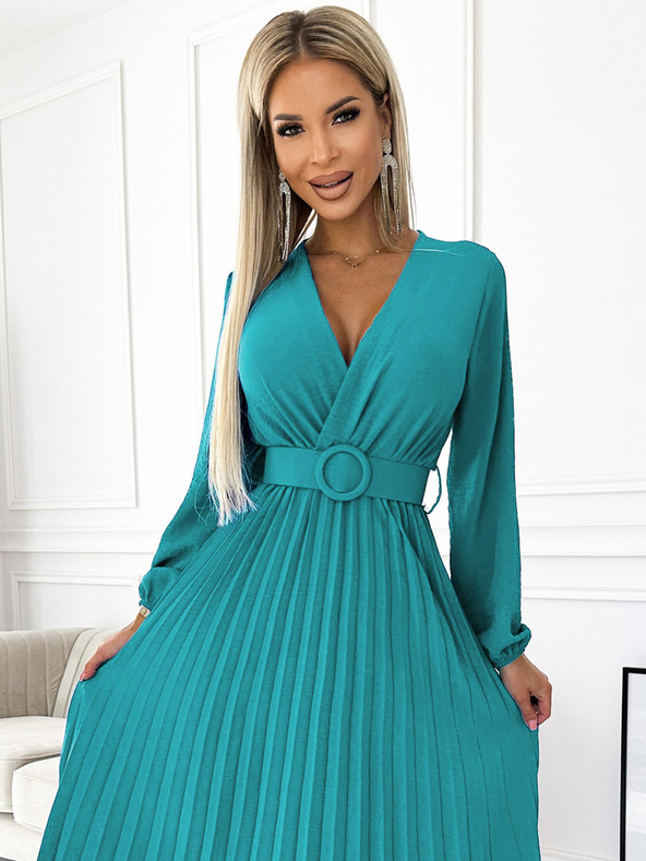 numoco Plisirana midi haljina s dekolteom, dugim rukavima i širokim remenom - boja mora Numoco VIVIANA