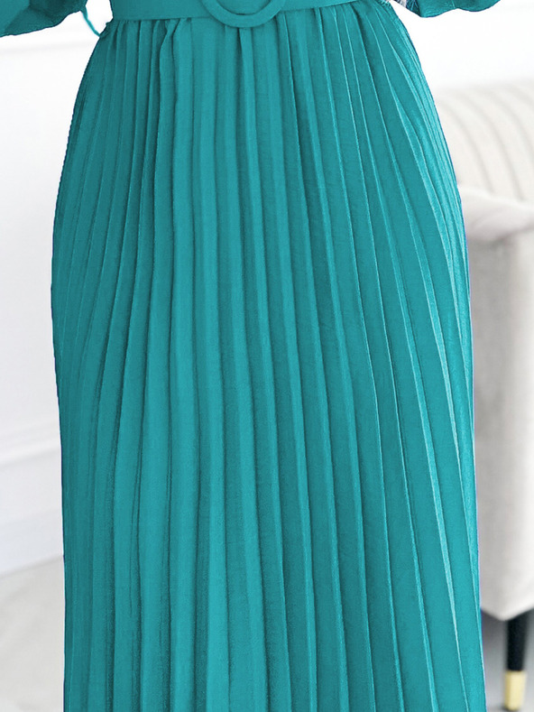 numoco Plisirana midi haljina s dekolteom, dugim rukavima i širokim remenom - boja mora Numoco VIVIANA