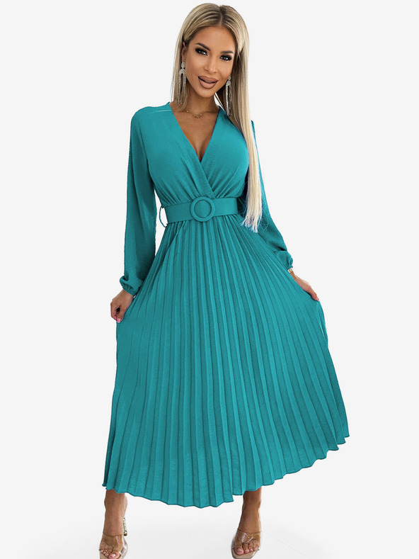 numoco Plisirana midi haljina s dekolteom, dugim rukavima i širokim remenom - boja mora Numoco VIVIANA