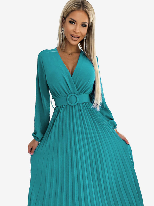 numoco Plisirana midi haljina s dekolteom, dugim rukavima i širokim remenom - boja mora Numoco VIVIANA