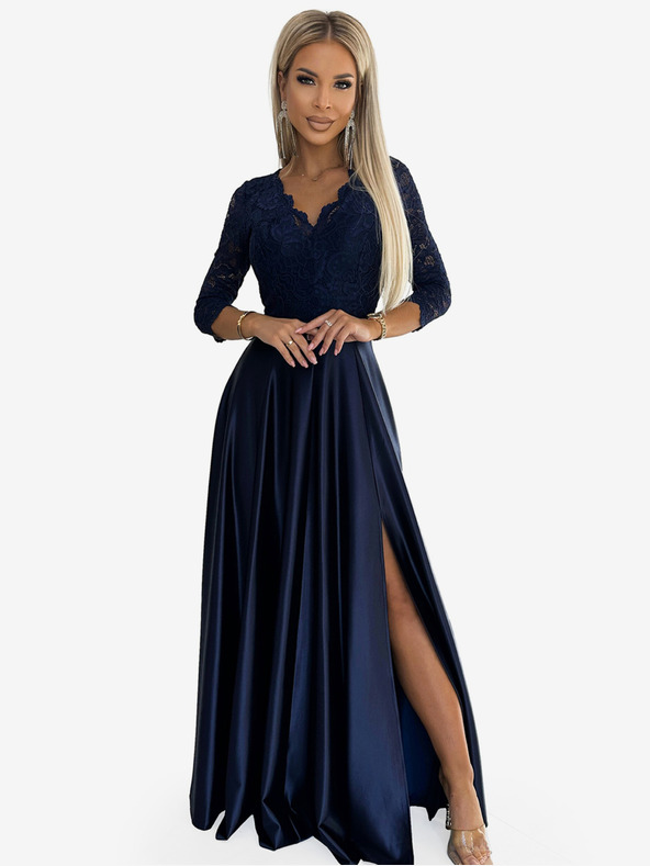 numoco Čipkasta duga satenska haljina s dekolteom - tamnoplava Numoco AMBER