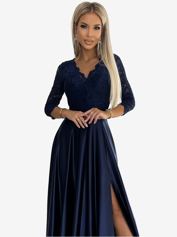 numoco Čipkasta duga satenska haljina s dekolteom - tamnoplava Numoco AMBER