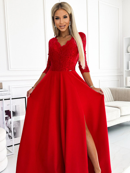 numoco Čipkana, elegantna duga haljina s dekolteom i prorezom na nogama - crveni Numoco AMBER