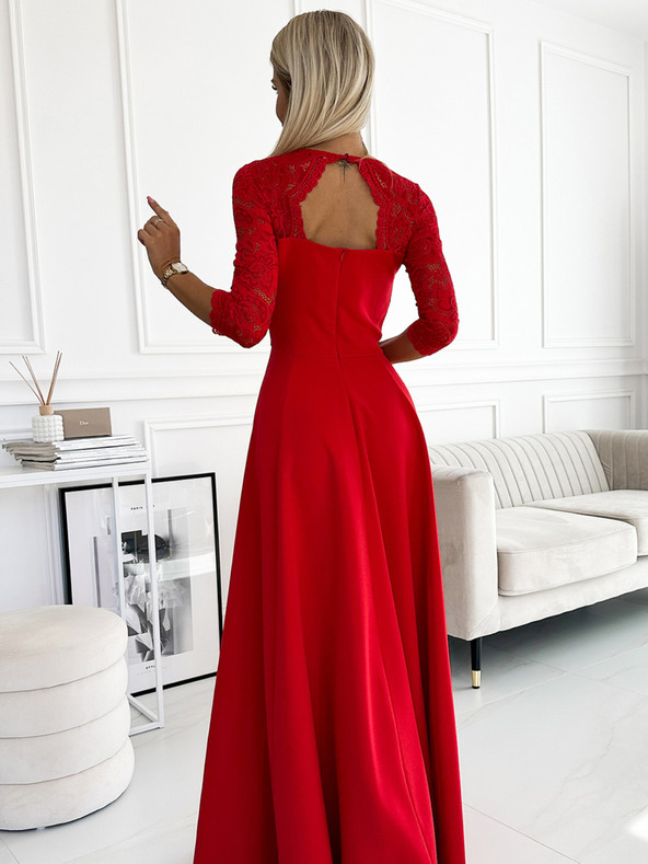 numoco Čipkana, elegantna duga haljina s dekolteom i prorezom na nogama - crveni Numoco AMBER