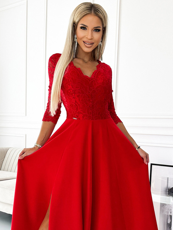 numoco Čipkana, elegantna duga haljina s dekolteom i prorezom na nogama - crveni Numoco AMBER