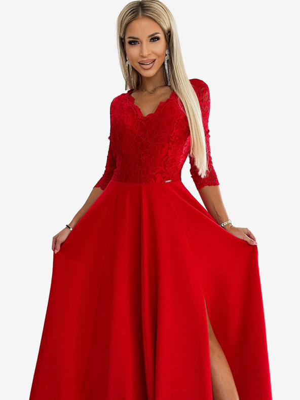 numoco Čipkana, elegantna duga haljina s dekolteom i prorezom na nogama - crveni Numoco AMBER