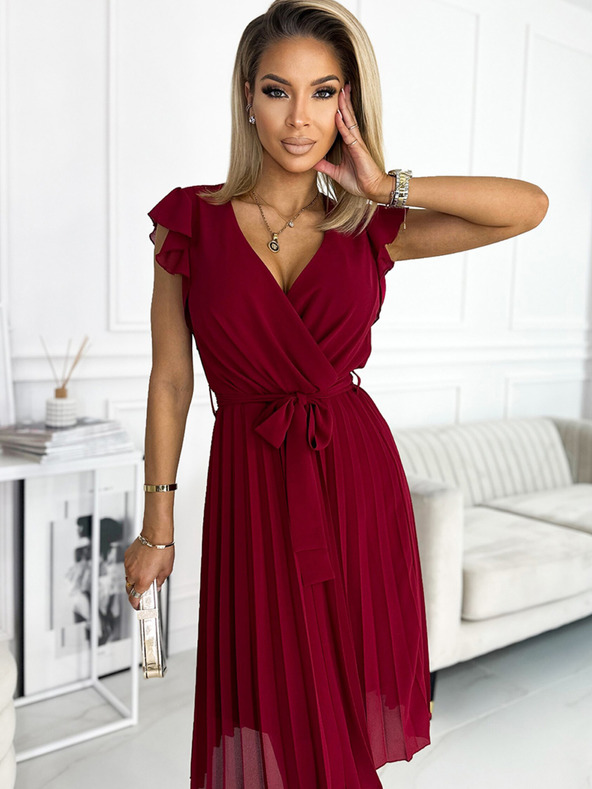 numoco Plisirana haljina s dekolteom i volanima - Boja vina Numoco POLINA