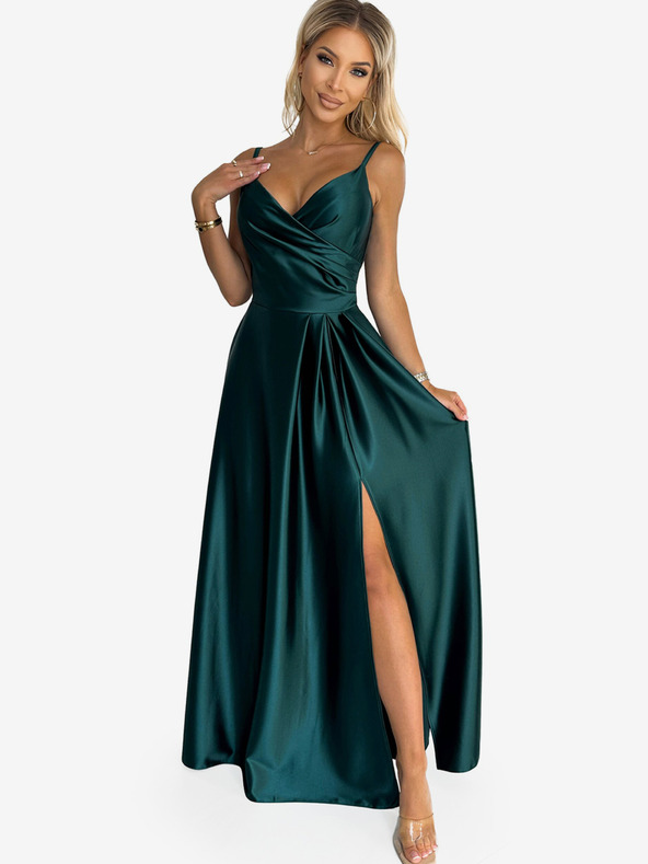numoco Elegantna satenska maxi haljina na naramenice - zelena Numoco CHIARA