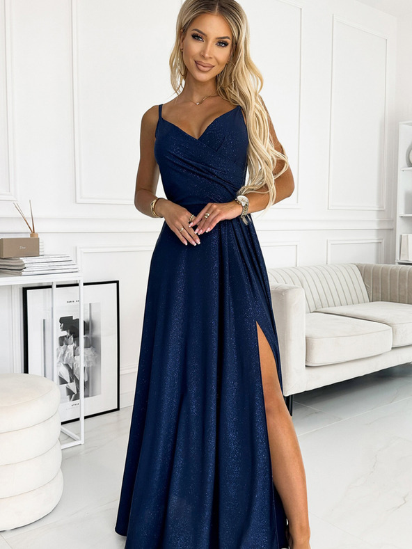 numoco Elegantna maxi haljina na naramenice - tamnoplava sa svjetlucavim Numoco CHIARA