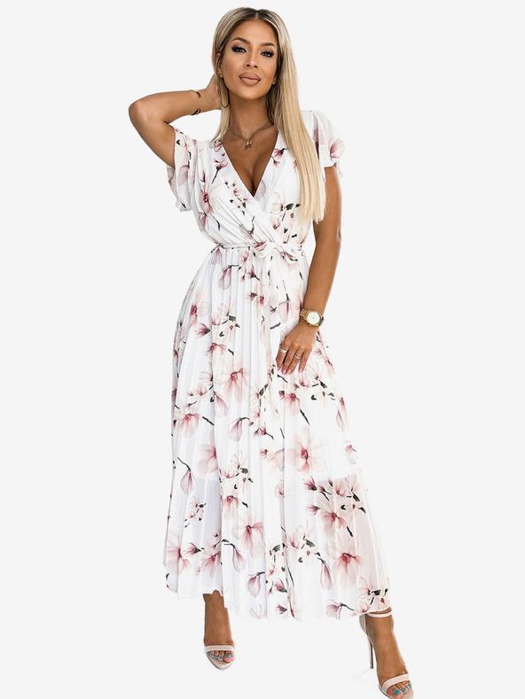 numoco Plisirana midi haljina s dekolteom i volanima - cvijet breskve na bijeloj pozadini Numoco LISA