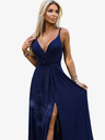 numoco Elegantna duga sjajna haljina s dekolteom i prorezom na nogama - tamnoplava sa svjetlucavim Numoco JULIET