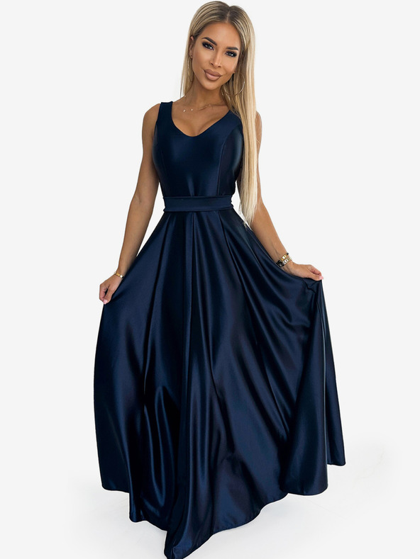 numoco Duga satenska haljina s izrezom i mašnom - tamnoplava Numoco CINDY