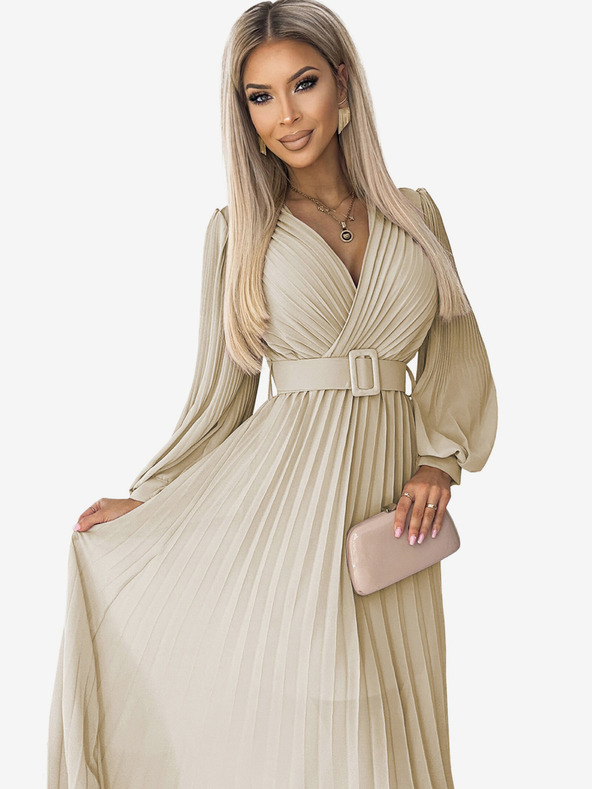 numoco Plisirana haljina s remenom i dekolteom - bež Numoco KLARA