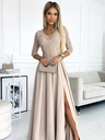 numoco Čipkasta, elegantna duga haljina s dekolteom i prorezom na nogama - bež Numoco AMBER