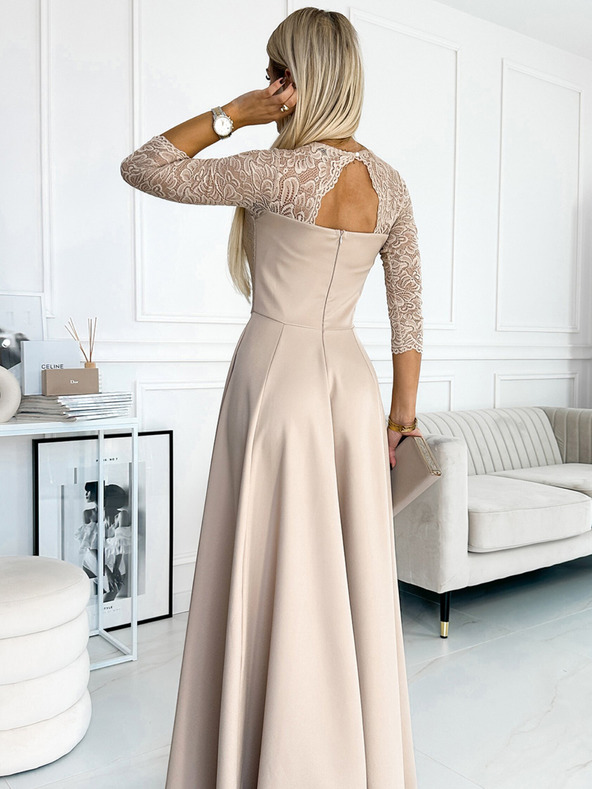 numoco Čipkasta, elegantna duga haljina s dekolteom i prorezom na nogama - bež Numoco AMBER