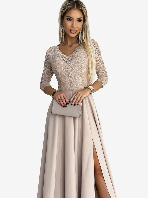 numoco Čipkasta, elegantna duga haljina s dekolteom i prorezom na nogama - bež Numoco AMBER