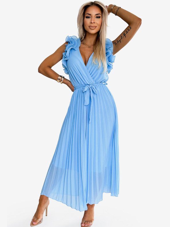 numoco Midi haljina od plisiranog šifona s dekolteom i mekim volanima - svijetloplava Numoco MIRABELLA