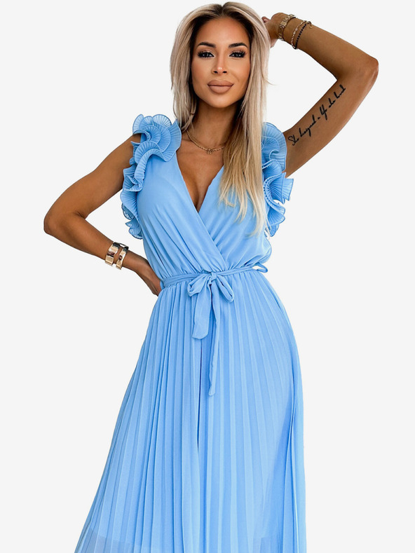 numoco Midi haljina od plisiranog šifona s dekolteom i mekim volanima - svijetloplava Numoco MIRABELLA