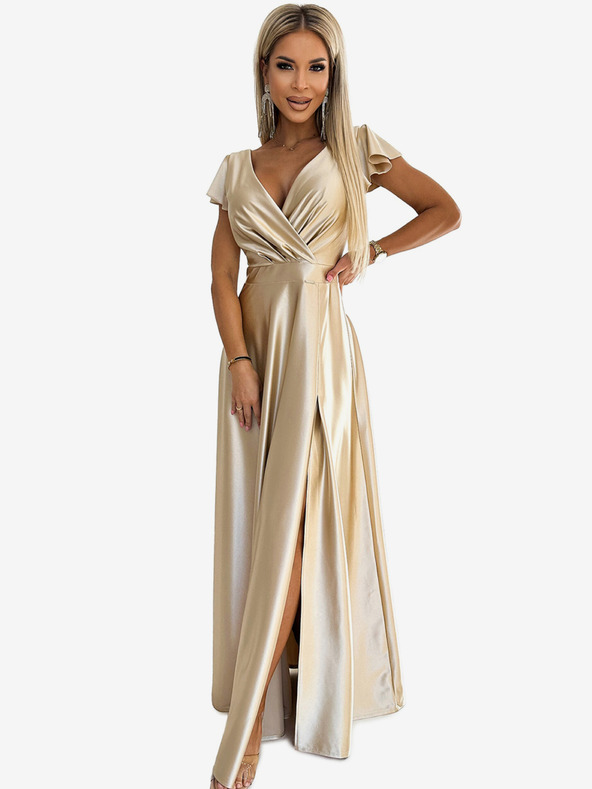 numoco Satenska duga haljina s dekolteom - zlatni Numoco CRYSTAL