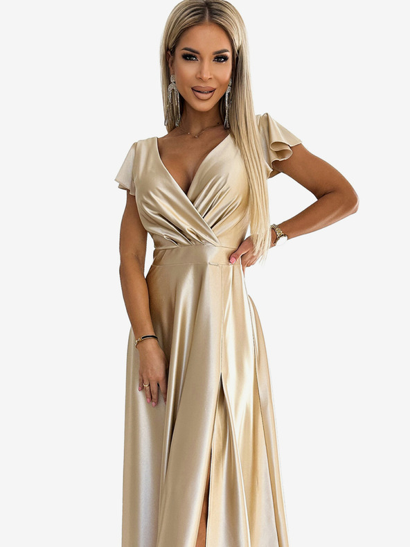 numoco Satenska duga haljina s dekolteom - zlatni Numoco CRYSTAL