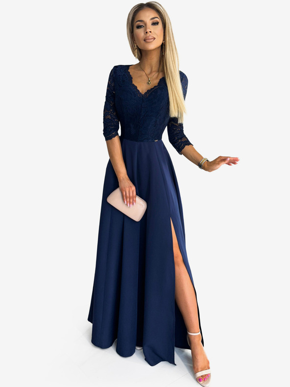 numoco Elegantna duga haljina s dekolteom od čipke - tamnoplava Numoco AMBER
