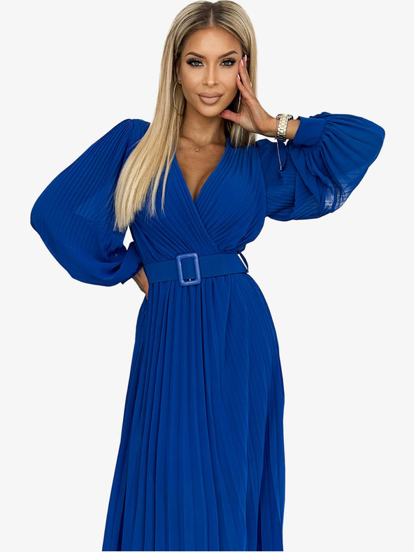 numoco Plisirana haljina s remenom i dekolteom - plava Numoco KLARA