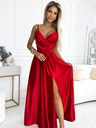 numoco Elegantna duga satenska haljina s dekolteom i prorezom na nogama - crvena Numoco JULIET