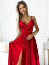 numoco Elegantna duga satenska haljina s dekolteom i prorezom na nogama - crvena Numoco JULIET