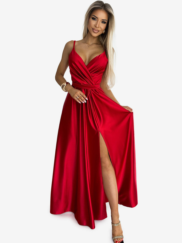 numoco Elegantna duga satenska haljina s dekolteom i prorezom na nogama - crvena Numoco JULIET