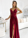 numoco Elegantna duga satenska haljina s dekolteom i prorezom za noge - Boja vina Numoco JULIET