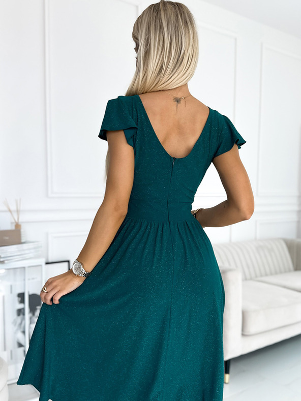 numoco Haljina s dekolteom i kratkim rukavima - zelena sa svjetlucavim Numoco MATILDE