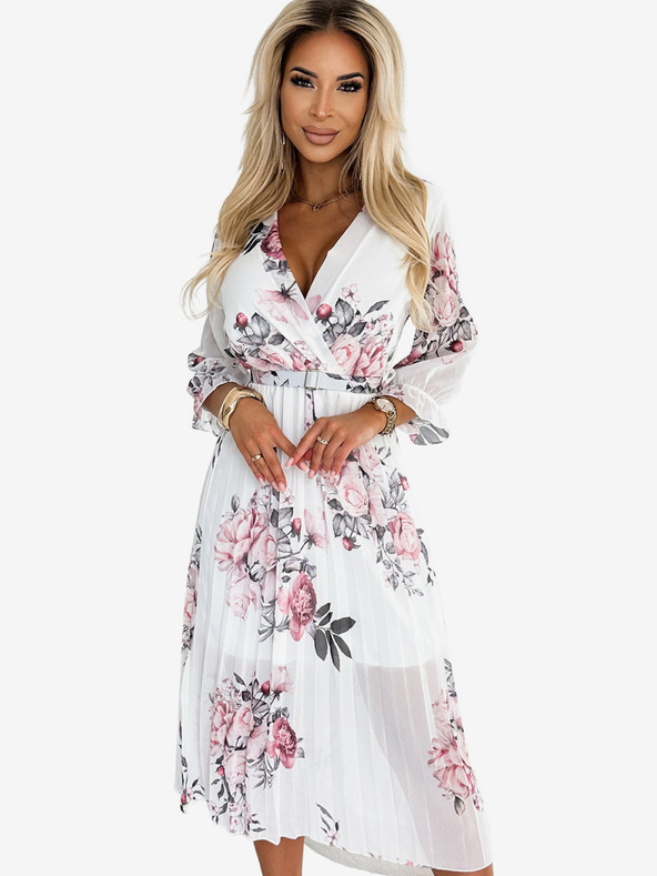 numoco Plisirana midi haljina s dekolteom i remenom - ruže na bijeloj pozadini Numoco YUNA