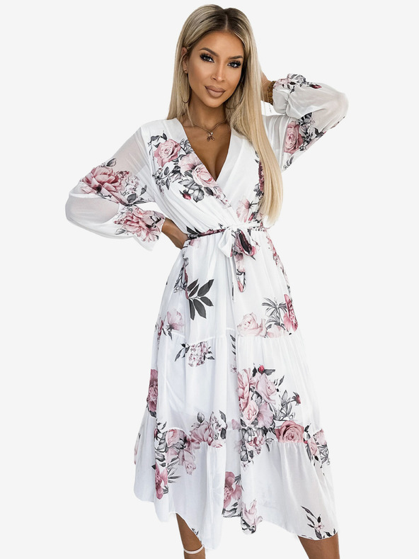 numoco Midi haljina s izrezom i remenom - bijela s ružama Numoco VALENTINA